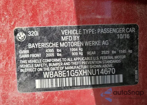 2017 BMW 320 I from USA, damaged, VIN WBA8E1G5XHNU14670